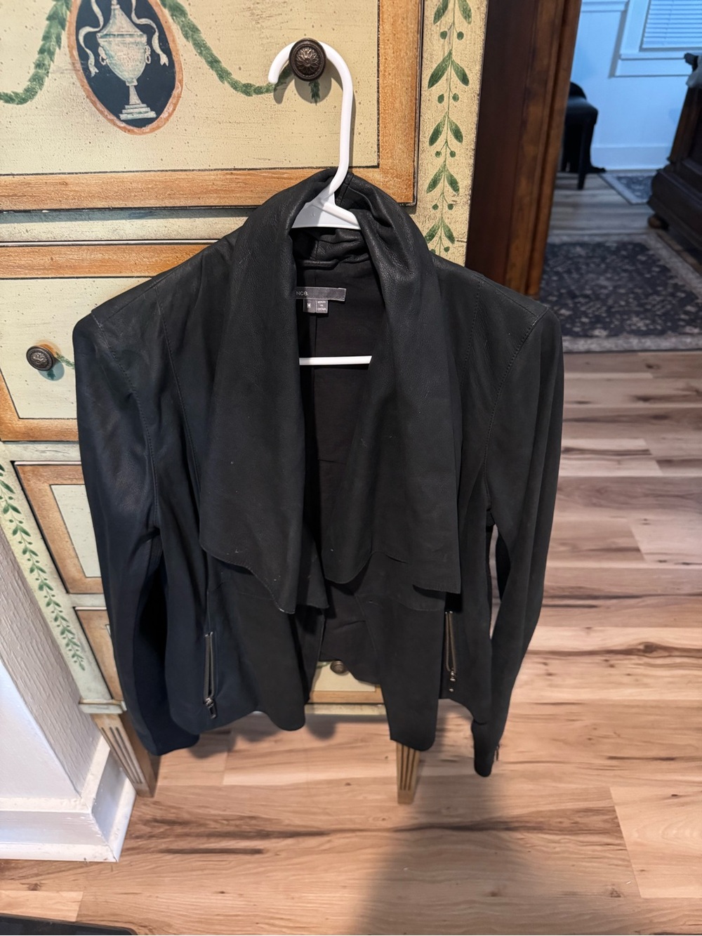 Vince Black Leather Draped Zip-Pocket Jacket